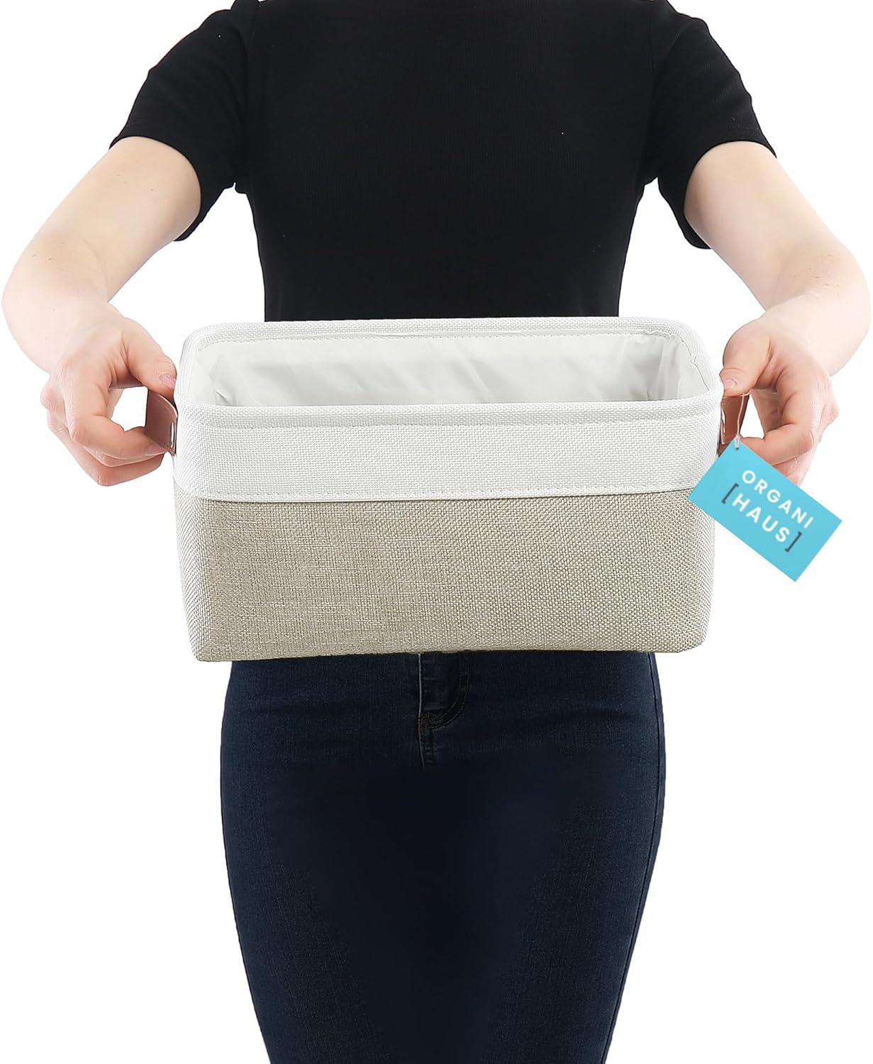 OrganiHaus Small Fabric Storage Baskets for Shelves 3 Pack, 12x8in Closet Storage Bins for Shelves, Cloth Baskets for Organizing, Linen Closet Organizers, Fabric Basket, Beige/White