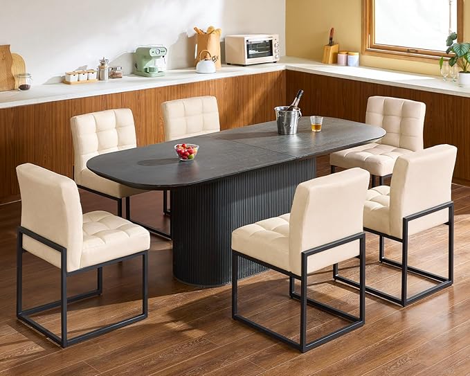 Beige Faux Leather Dining Chairs Set of 4, Mid-Century Modern Dining Room Chairs with Armless, Checkered Kitchen Chair with Metal Legs