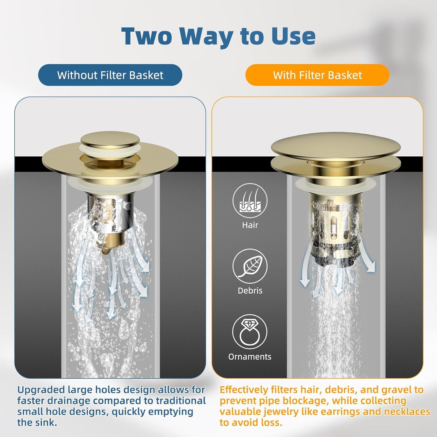 Hibbent Upgraded 3 in 1 Bathroom Sink Drain Strainer, Pop Up Sink Stopper with Big Push Cap, Anti-Clogging Metal Filter Basket,Sink Plug with Hair Catcher for 1.1''~2.36'' Basin, Brushed Gold