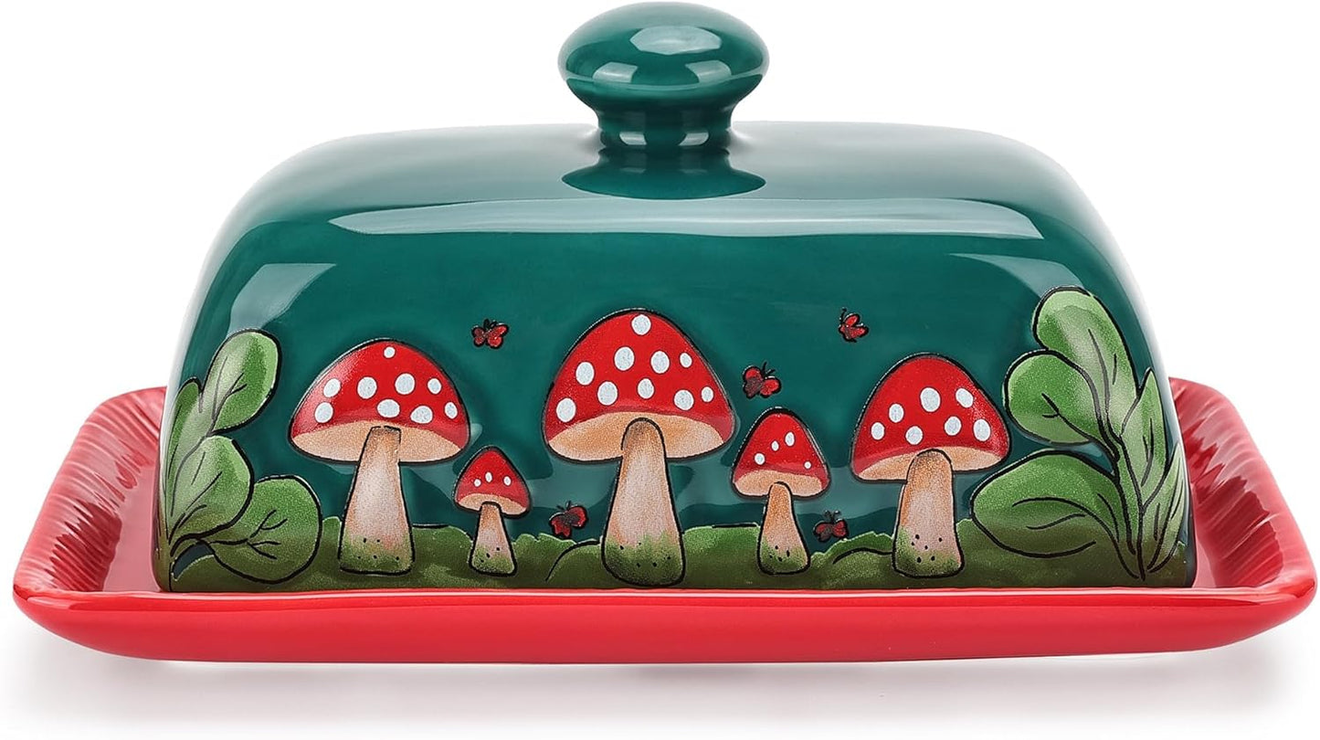 Fungi Fun Mushroom Butter Dish With Lid For Countertop Ceramic Butterdish, Red Mushroom Butter Container, Butter Tray Large Butter Dish Covered (Dark Green, Standard)