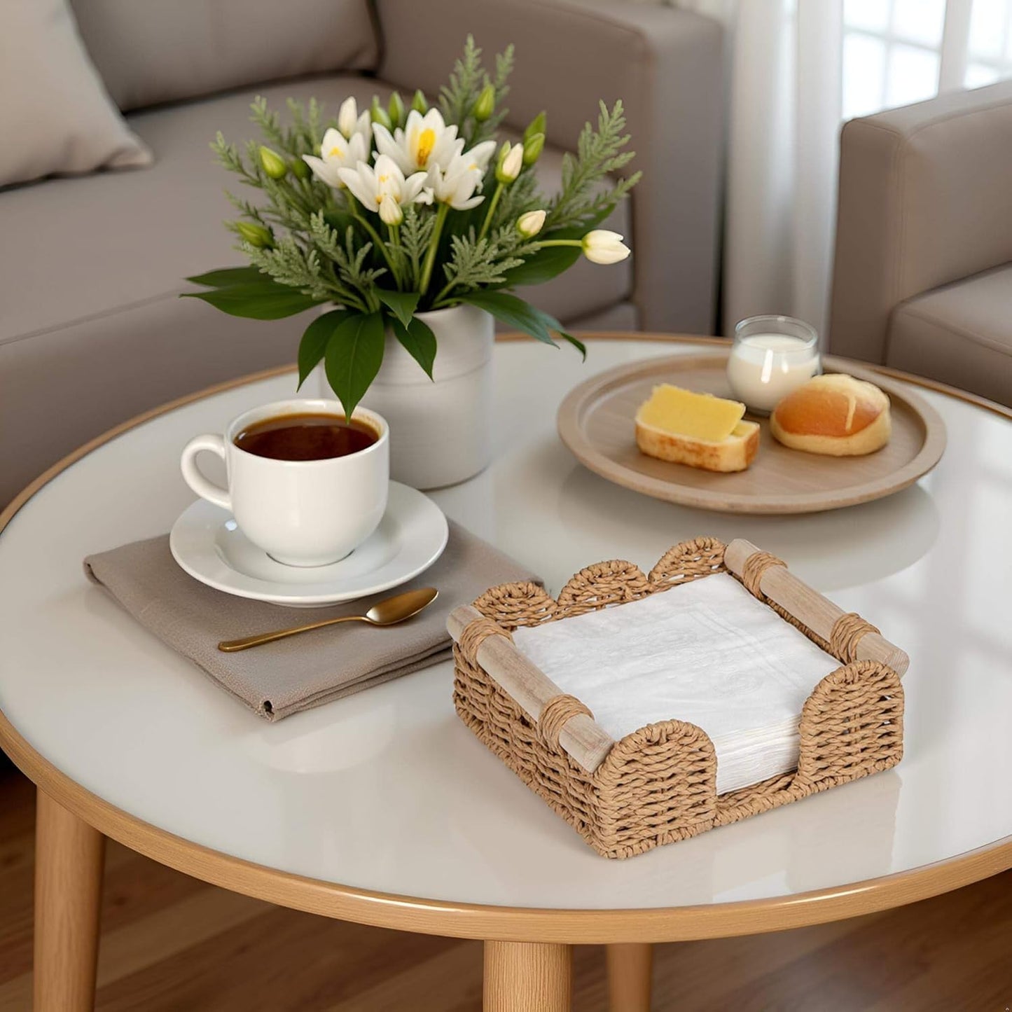 CubesLand Scalloped Napkin Holder for Table, Farmhouse Warming Home Kitchen Decor, Paper Rope Flat Napkin Dispenser Guest Towel Tray for Bathroom, Disposable Napkin Basket for Dining Table, Neutral