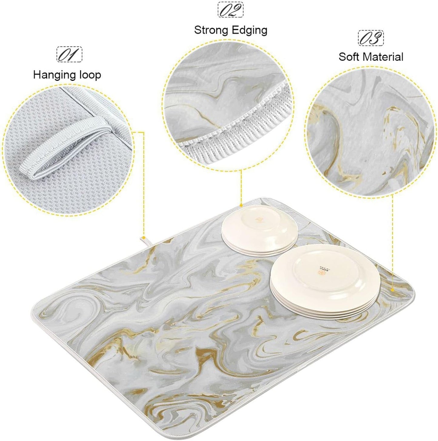 White Grey Gold Marble Fluid Dish Drying Mat for Kitchen Counter Absorbent Microfiber Drying Pad, Large 18x24 in, Reversible Drainer Mats