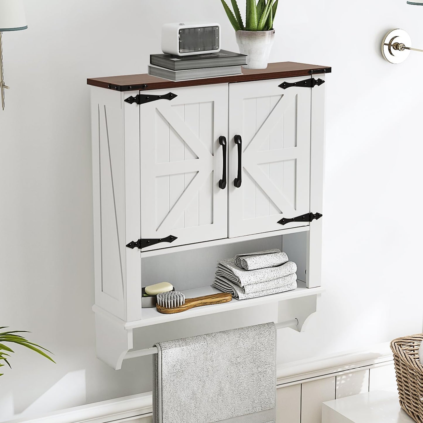 JOMEED Bathroom Wall Cabinet, Farmhouse Medicine Cabinet Storage with Doors and Adjustable Shelf, Over The Toilet Storage, White