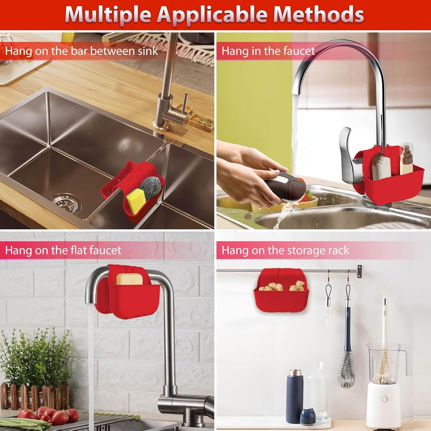 Sponge Holder for Kitchen Sink, Silicone Sink Saddle Caddy Organizer Rack, Sponges Holder Over Faucet, Hanging Kitchen Organizer Accessories Rack Basket Red