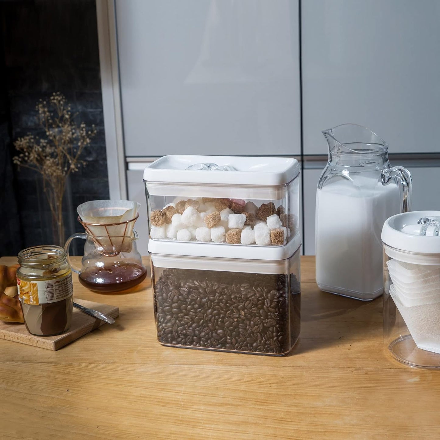 Felli Flip Tite Storage Container with Lid 4” RECTANGULAR Airtight Ring Flip Top, Stackable Kitchen Counter Pantry Organizer Acrylic Canister Jar for Pasta Spaghetti Cereal Granola Coffee (1.9qt)