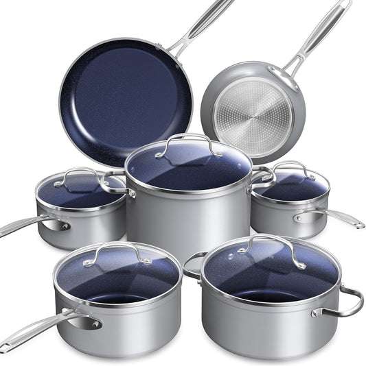 Nuwave Healthy Duralon Blue Ceramic Nonstick Cookware Set, Diamond Infused Scratch-Resistant, PFAS Free, Dishwasher & Oven Safe, Induction Ready & Evenly Heats, Tempered Glass Lids & Stay-Cool Handles