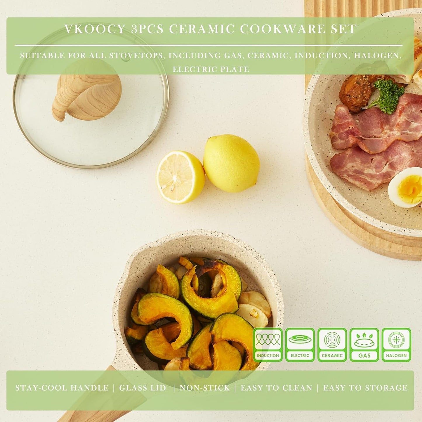 Pots and Pans Set Non Stick, Healthy Ceramic Cookware Set, 3pcs Kitchen Pots Frying Pan Saucepan, PFAS-Free, Cream