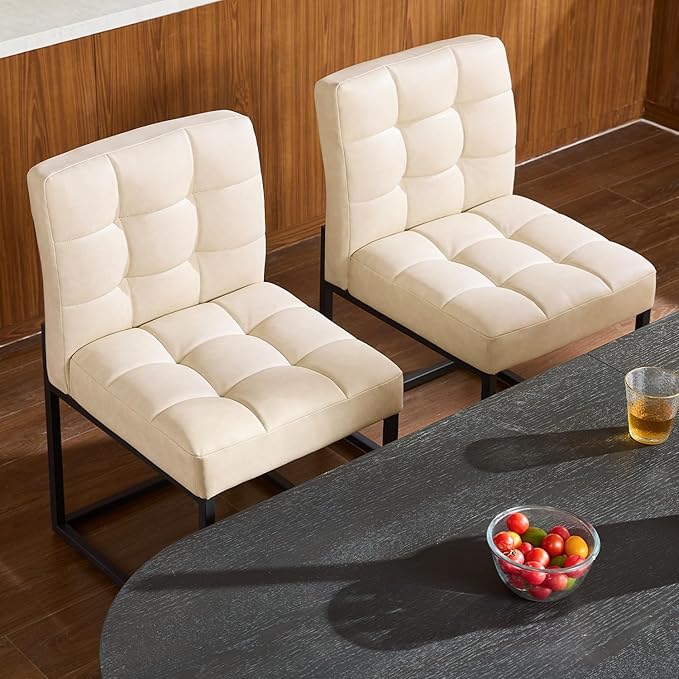 Beige Faux Leather Dining Chairs Set of 2, Mid-Century Modern Dining Room Chairs with Armless, Checkered Kitchen Chair with Metal Legs