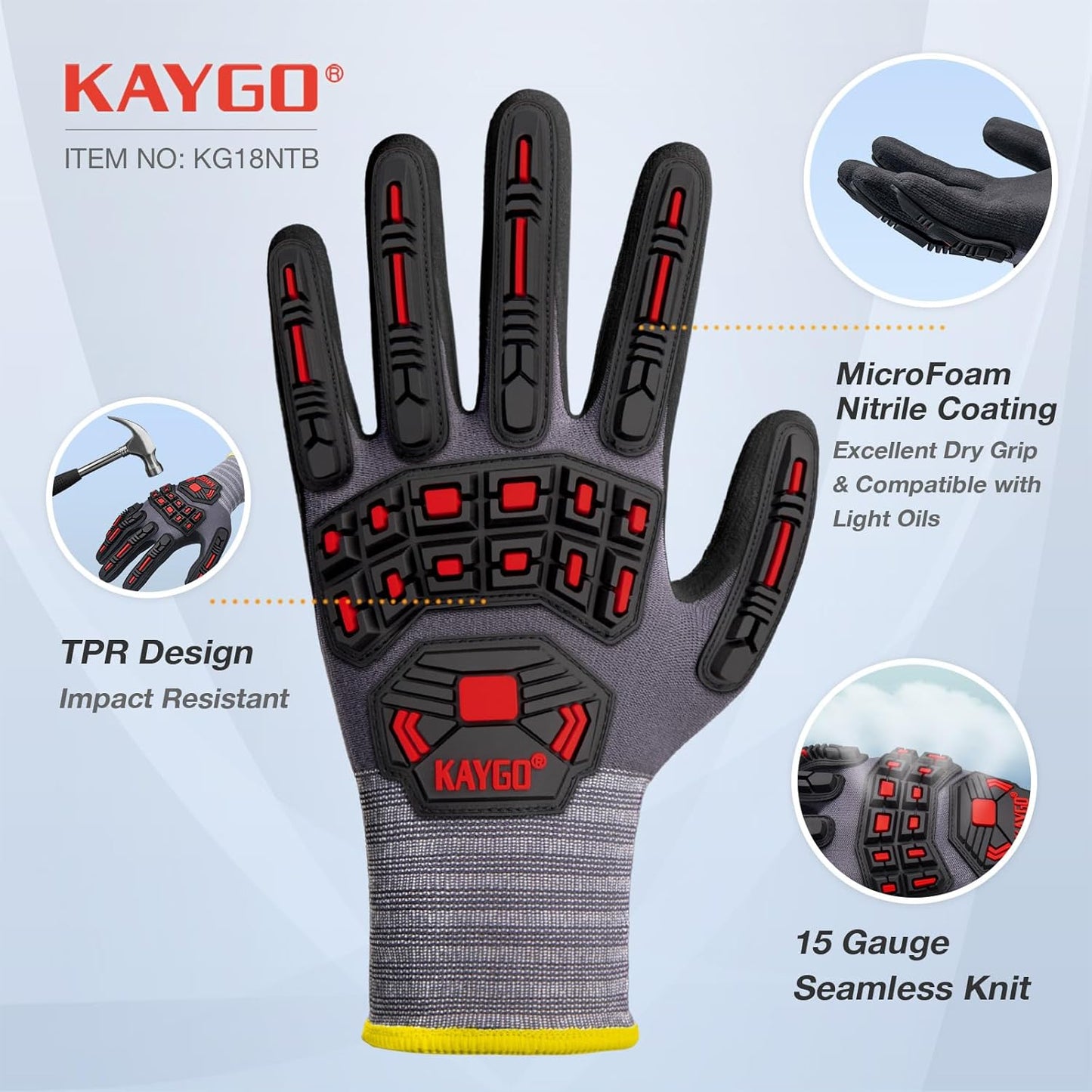 KAYGO Impact Reducing Work Gloves for Men,3 Pairs KG18N TPR Safety Work Gloves MicroFoam Nitrile Coated, Seamless Knit Nylon, Ideal for General Purpose,XL
