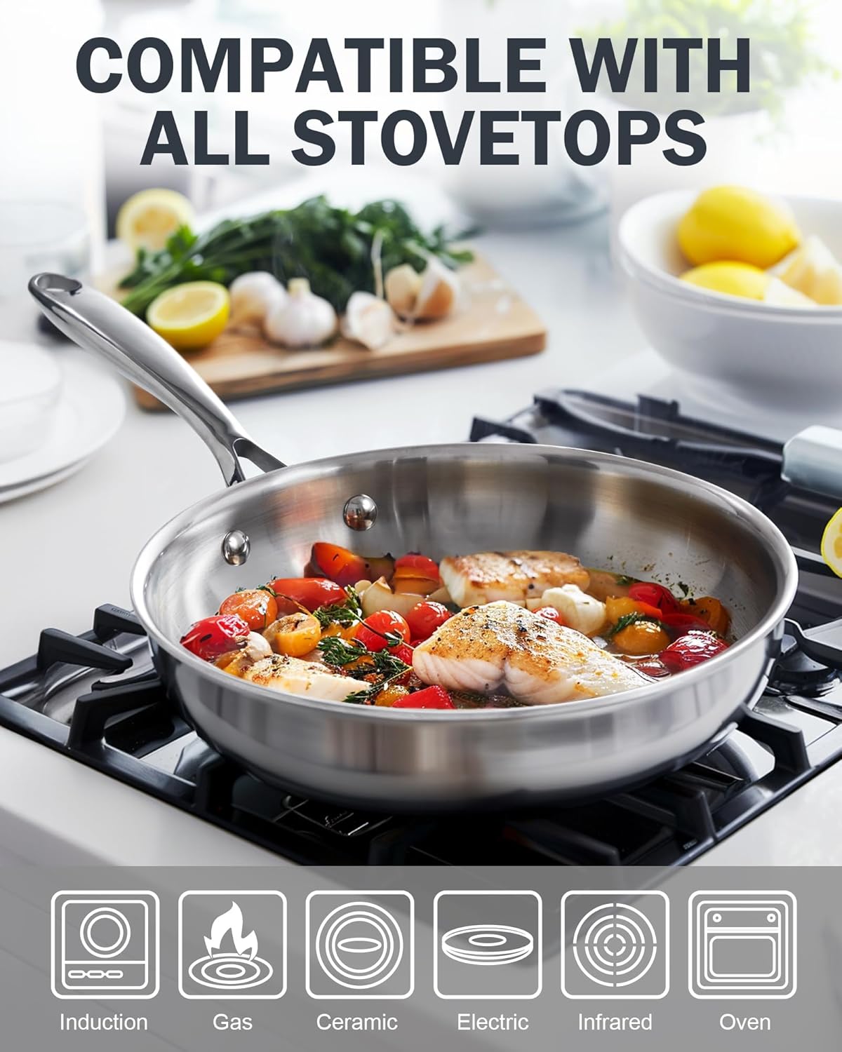 Cooks Standard Frying Pan Stainless Steel, 12-Inch Multi-Ply Clad wok Stir Fry Pan Kitchen Skillet, Silver