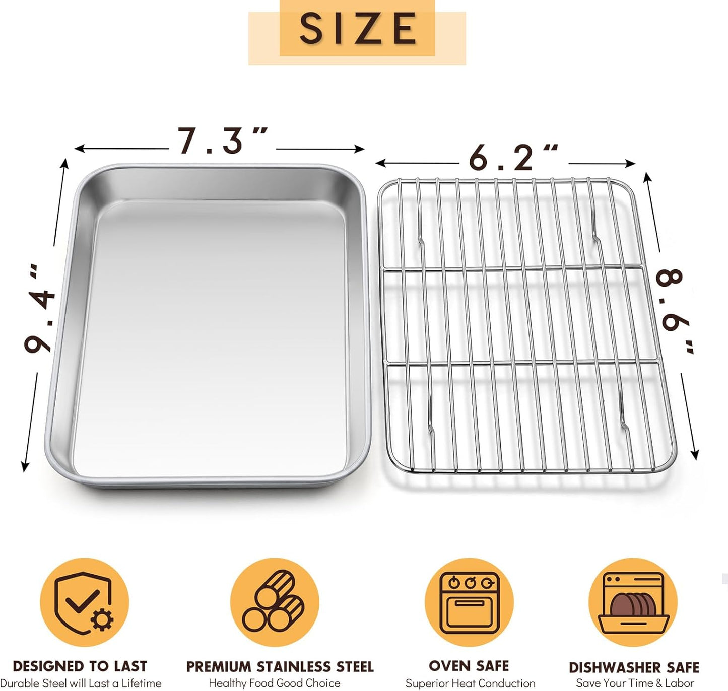 E-far Small Metal Toaster Oven Tray with Rack Set, 9.4”x7.3” Baking Sheet Broiling Pan with Stainless Steel Wire Cooling Rack, Non-Toxic Compact Bakeware for Toaster Oven - Dishwasher Safe