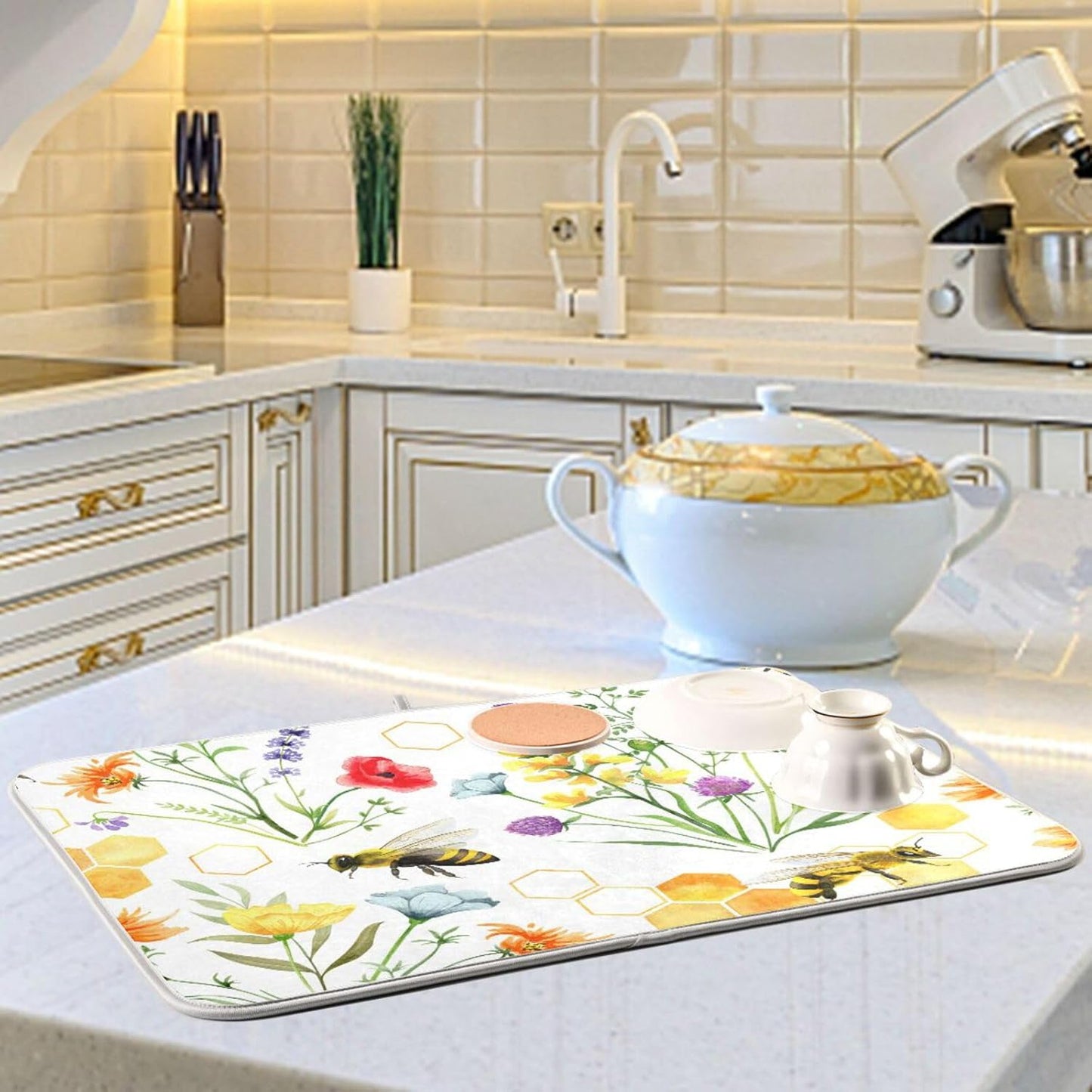 Wildflowers and Bees Dish Drying Mat for Kitchen Counter Absorbent Microfiber Drying Pad, Medium 16x18 in, Reversible Drainer Mats