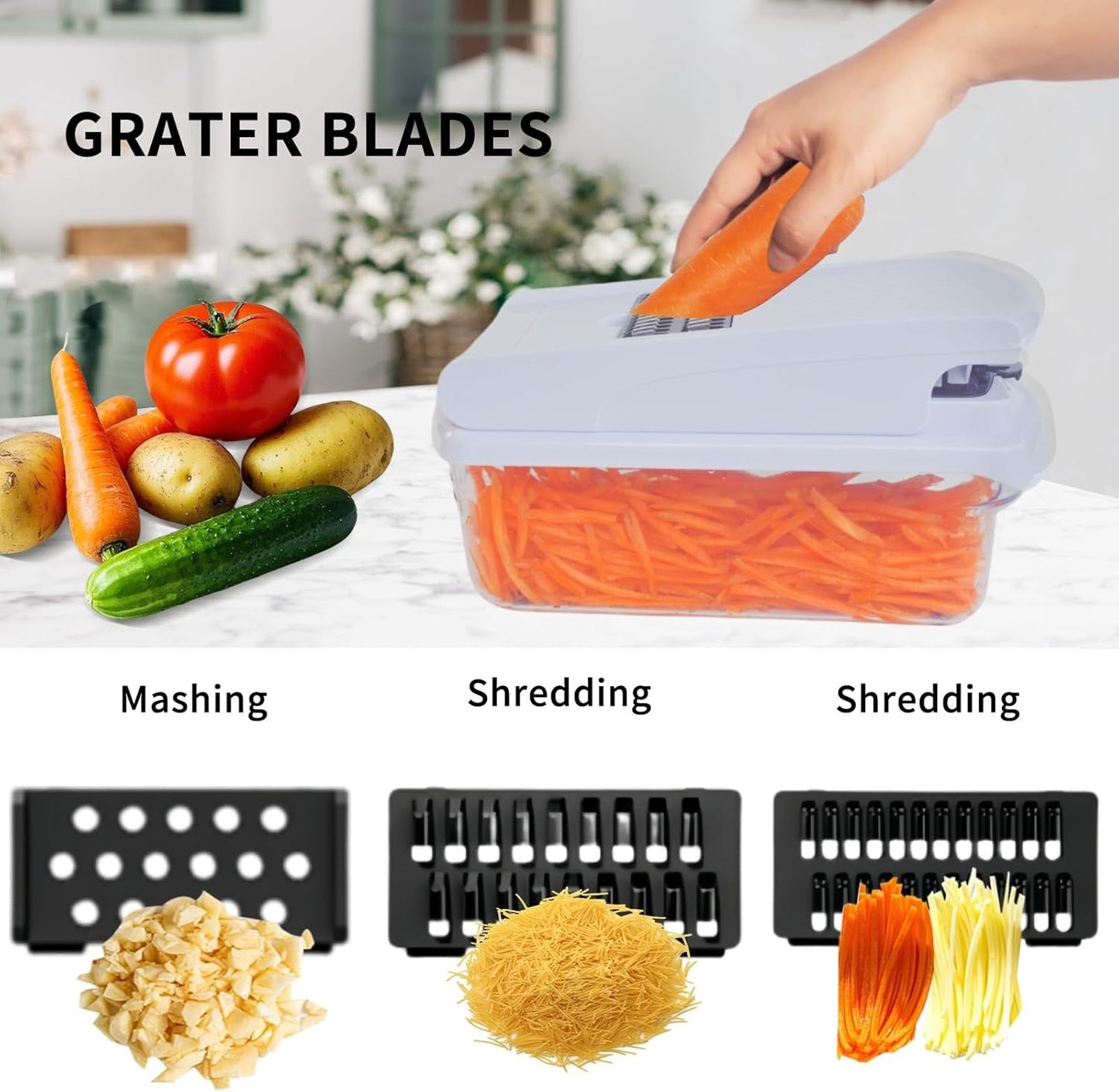 16 in 1 BPA free Vegetable Chopper with Container,Salad Food Veggie Chopper,Onion Cutter,Mandoline Slicer,Includes Egg Separator & Peeler,Non-Slip Base & Safety Guard,Chop 50% Faster(White)