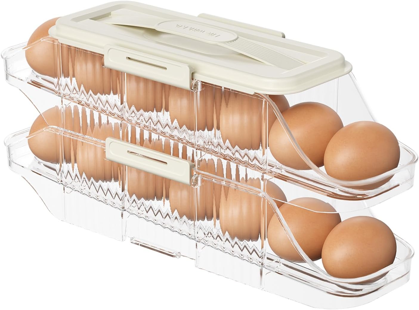 Automatic Rolling Egg Holder for Fridge, Clear Plastic Egg Organizer with Handle for Refrigerator, Egg Container for Kitchen Storage, 1 Row 2 layers