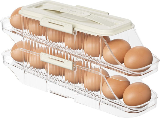 Automatic Rolling Egg Holder for Fridge, Clear Plastic Egg Organizer with Handle for Refrigerator, Egg Container for Kitchen Storage, 1 Row 2 layers