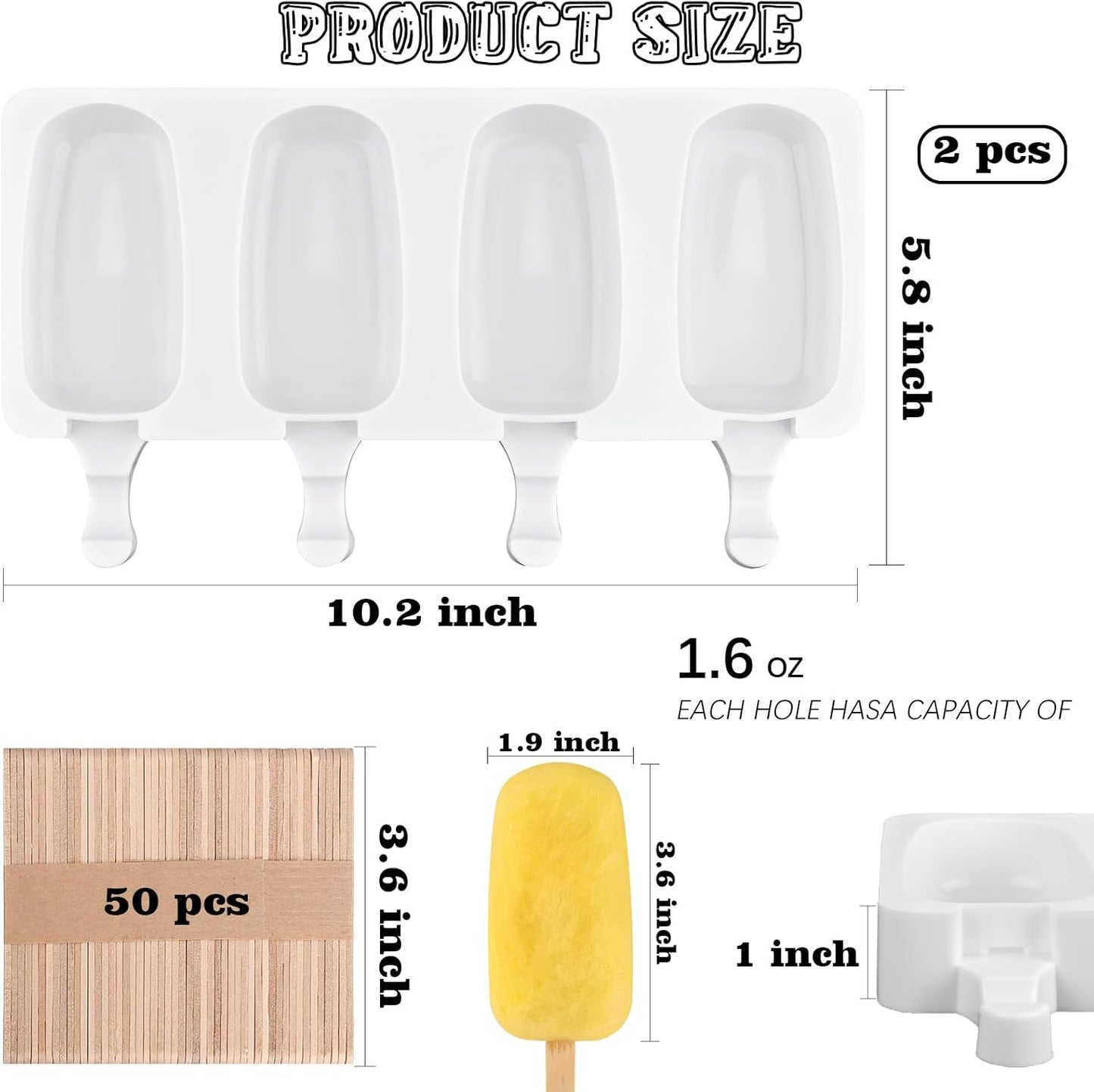 Sakolla 2 Pack Silicone Popsicle Molds, Larg Oval 4 Cavities Homemade Ice Pop Molds with 50 Wooden Sticks for Ice Cream, Cakesicles, Cake Pop (White)