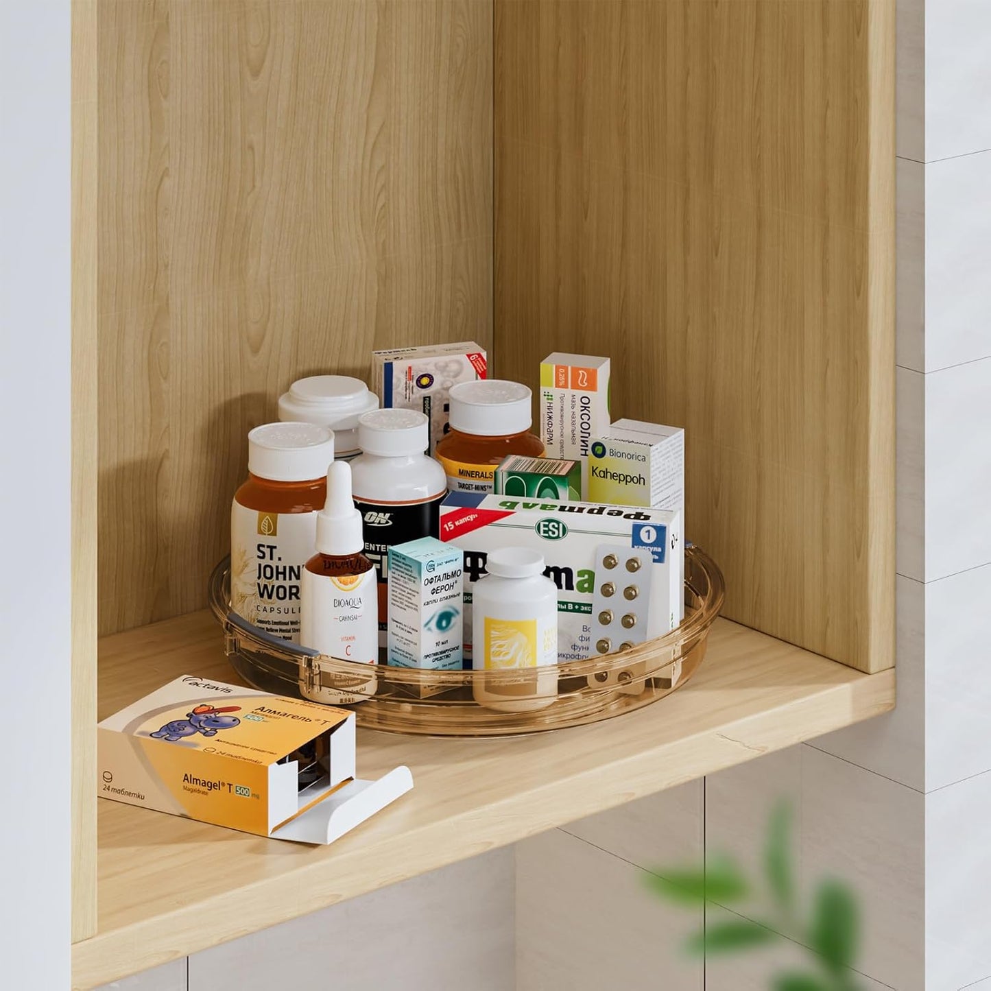 LAMU 4 Pack Lazy Susan Organizer, Lazy Susan Turntable for Cabinet, Refrigerator, Table Top, Kitchen, Bathroom, Pantry Organizers and Storage, 12in 10.6in, Amber