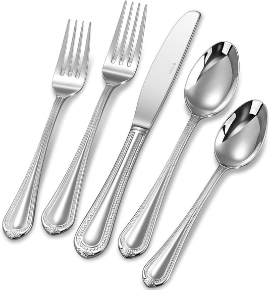 KEAWELL Pearl Edge Premium 20-Piece Refined Bead Silverware Set, 18/10 Stainless Steel, Service for 4, Fine Flatware Set, Dishwasher Safe (20, Silver)