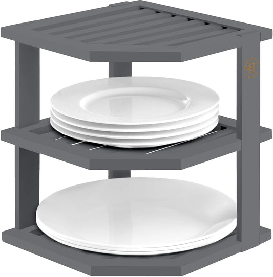 Cabinet Organizer Shelf - Bamboo Corner Rack for Kitchen Counter, Cabinet Space Saver for Plates, Dishes, Bowls, Bread Pantry, Bathroom Storage or Countertop Stand, Grey