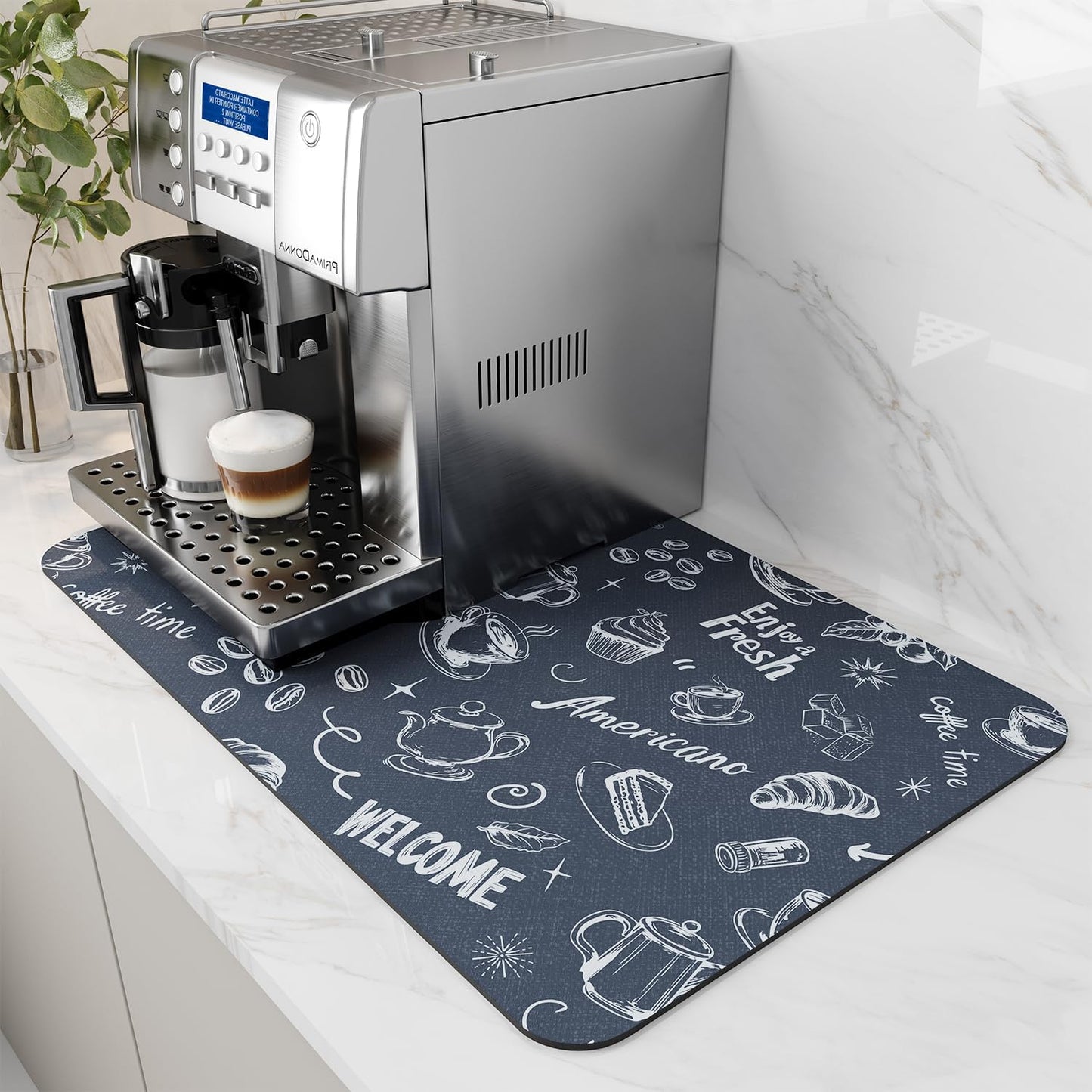 AMOAMI Coffee Mat - Hide Stain, Rubber Backed, Absorbent Dish Drying Mat for Kitchen Counter - Fits Under Coffee Maker & Machine - 16X24, Dust Blue