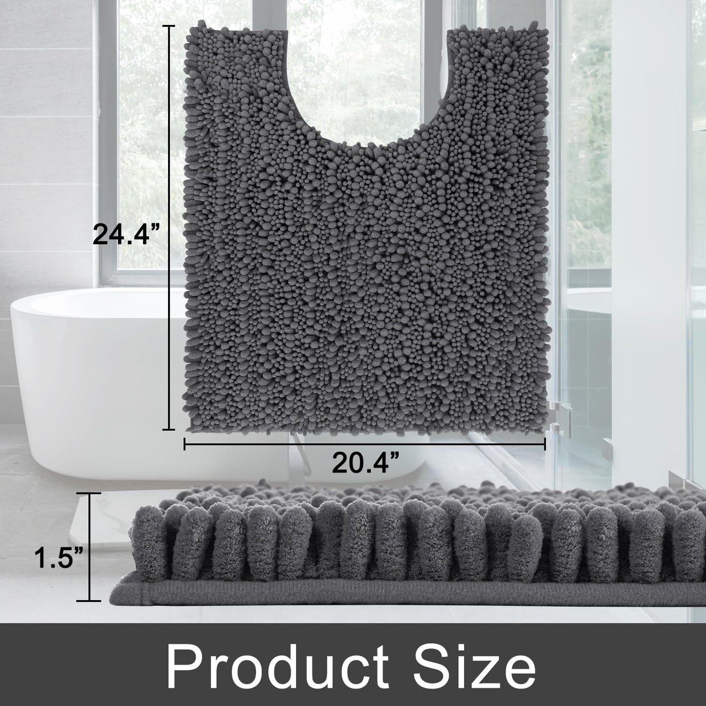 Yimobra Toilet Rug U Shaped Washable 24x20 Inch - Ultra Soft Absorbent Chenille Bath Rugs for Toilet, Quick Dry & Machine Washable, Non Slip Contour Bathroom Mat, Dark Gray