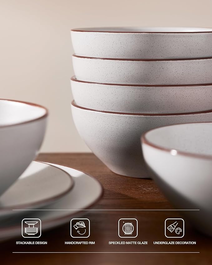 Famiware Venus Ceramic Plates and Bowls Sets, Speckled Dinnerware Dish Sets for 8 (24 Pieces) - Microwave and Dishwasher Safe, Matte Light Grey