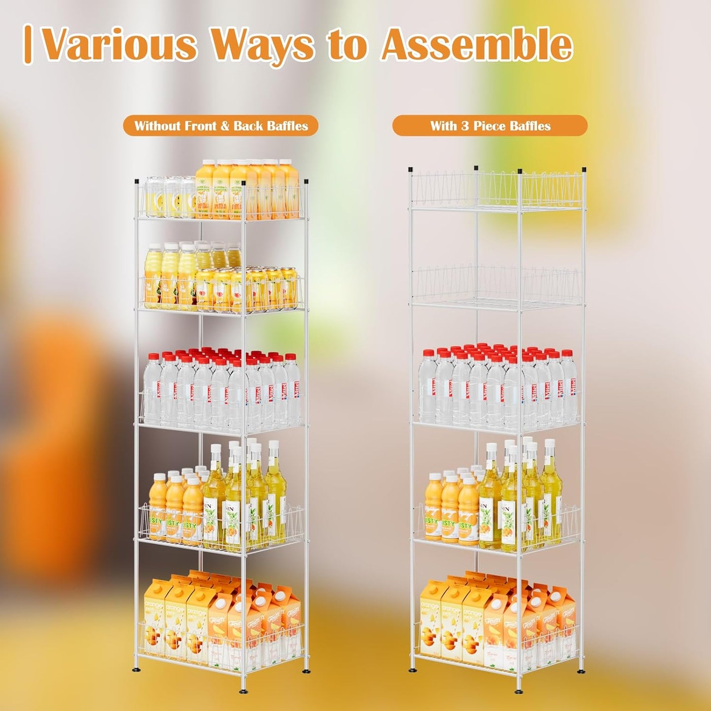 Water Bottle Storage Organizer 5 Tier Metal Water Bottle Holder Shelf Drink Beverage Soda Can Organizer Rack Bottled Water Stand for Floor Classroom Kitchen Food Storage, Silver