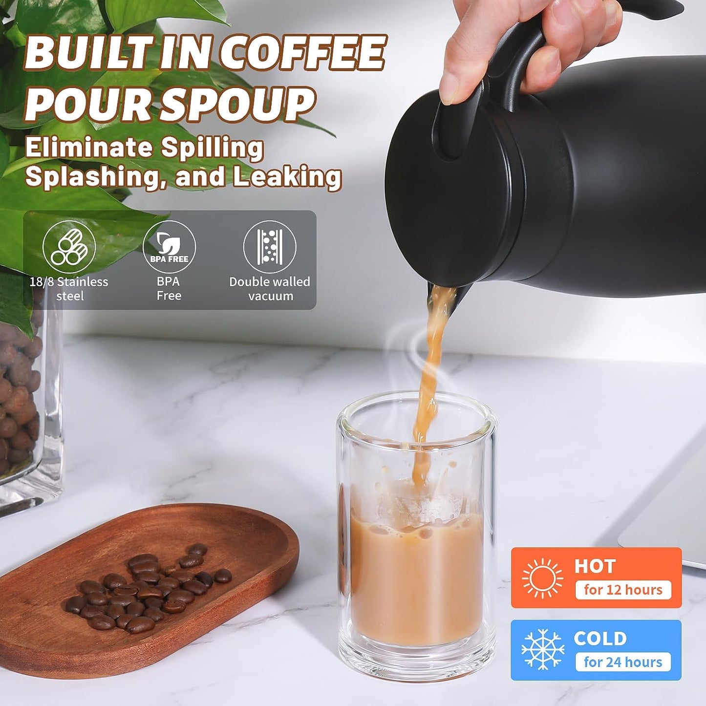 27 Oz Thermal Carafe with Ceramic Liner, 750 ml Insulated Stainless Steel Small Carafe for Keeping Coffee, Tea and Water Hot, Black