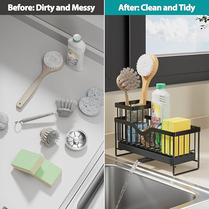 Generic Sink Caddy Organizer, Black Metal Kitchen Counter Sponge Holder with 360° Auto-Drain Tray, 9.8x3.9 Inch, 2-Compartment Storage for Cleaning Supplies