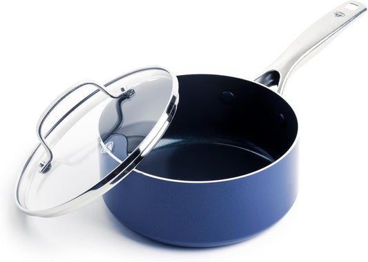 Blue Diamond Nonstick 2QT Saucepan with Lid, Non Toxic PFAS-Free Diamond Ceramic, Dishwasher & Oven Safe, Metal Utensil Safe Pot, Stay Cool Handle, Chef Pan, Glass Lid, Blue