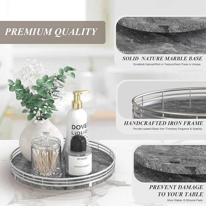 Gray Marble Lazy Susan Turntable for Table Top – 10” Round Marble Tray Organizer for Dining Table, Kitchen Countertop & Bar, Luxury Stone Serving Tray with Silver Frame
