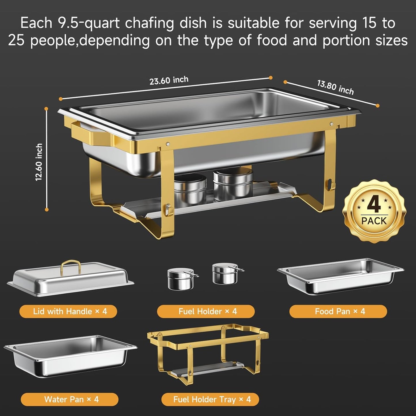 Chafing Dishes for Buffet 4 Pack, 9QT Chafing Dish High Grade Stainless Steel Chafer Complete Set,Steel Handle, Catering Events Complete Buffet Warmer Set (Golden, 4)