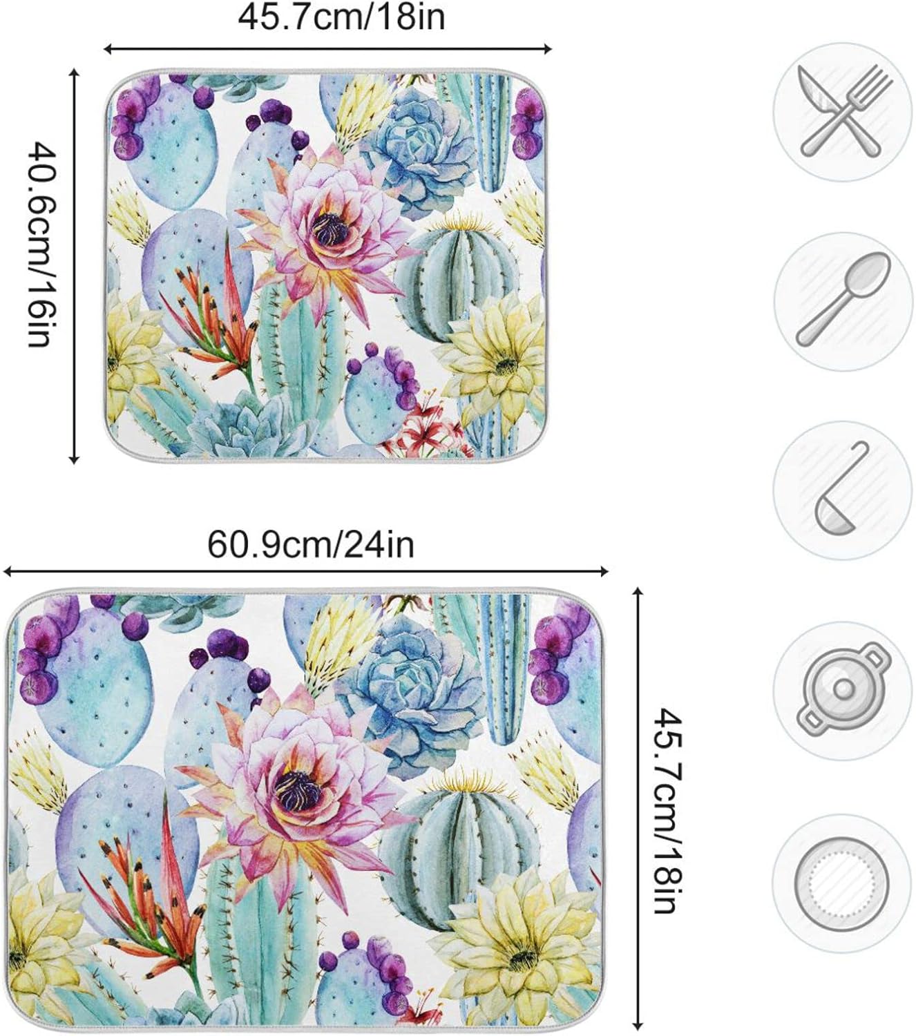 Cactus Succulent Plant Dish Drying Mat for Kitchen Counter Absorbent Microfiber Drying Pad, Large 18x24 in, Reversible Drainer Mats