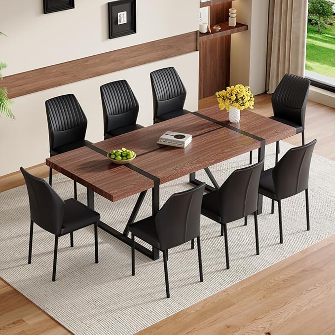 86.6" Dining Table Set for 8, Modern 9 Piece Wood Kitchen Table and Chairs Set, Rectangle Dining Room Table with 8 PU Leather Upholstered Chairs, Ideal for Home, Kitchen, or Apartment Dining