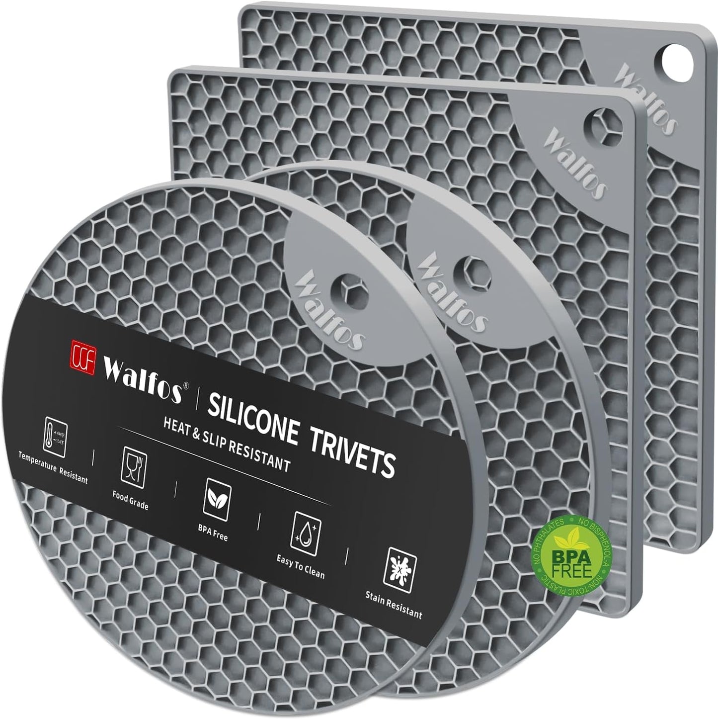 Walfos Silicone Trivet Mats - 4 Heat Resistant Pot Holders, Multipurpose Non-Slip Hot Pads for Kitchen Potholders, Hot Dishers, Jar Opener, Spoon Holder, Food Grade Silicone & BPA Free (Nordic Grey)