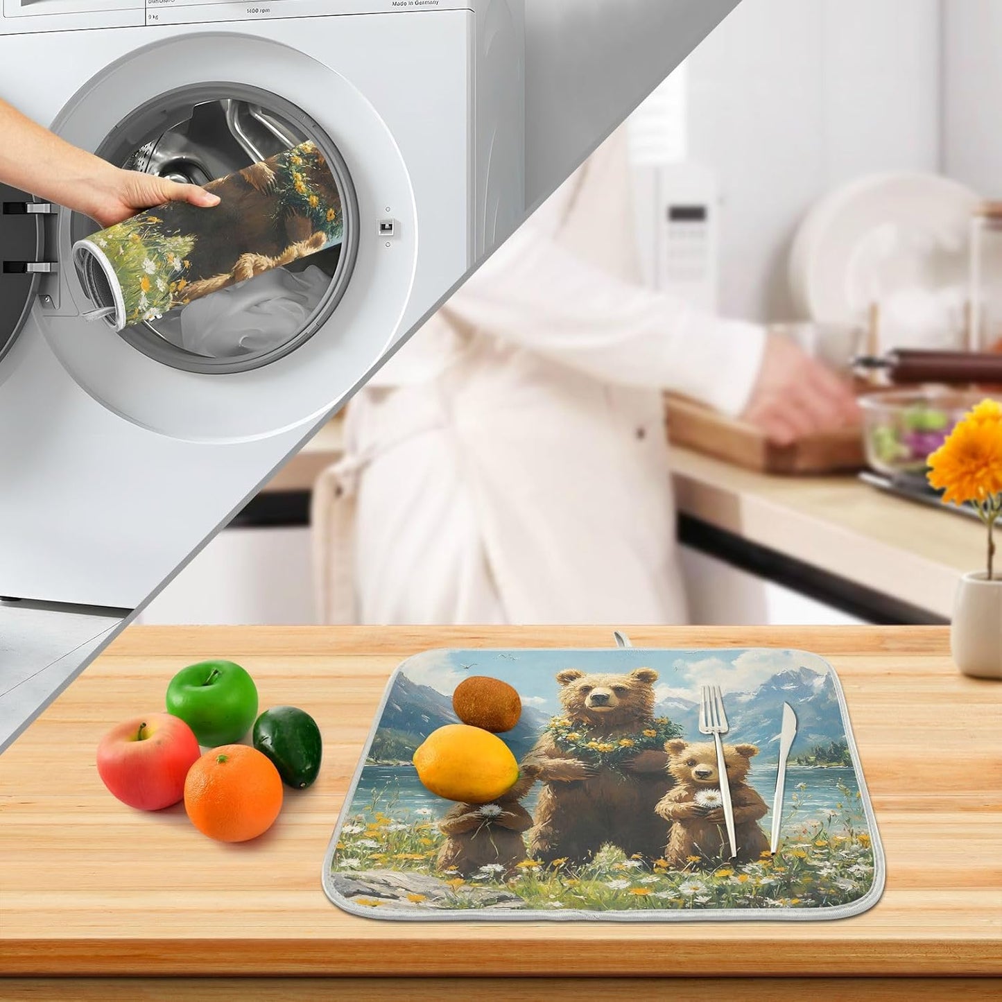 Three Bear Dish Drying Mat for Kitchen Counter Absorbent Microfiber Large Drying Pad Dandelion Wildflowers Dish Mats for Kitchen Countertops 18 x 24 Inch