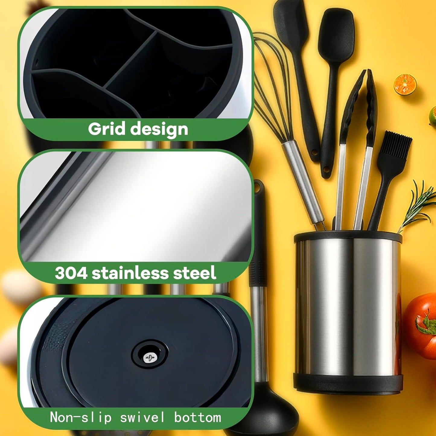 Kitchen Utensil Holder for Countertop, 360°Rotating Cooking Utensil Crocks，4 Compartment Stainless Steel Utensil Holder,6.7”Large Utensil Crock Spoon Fork Knife Holder For Kitchen Counter