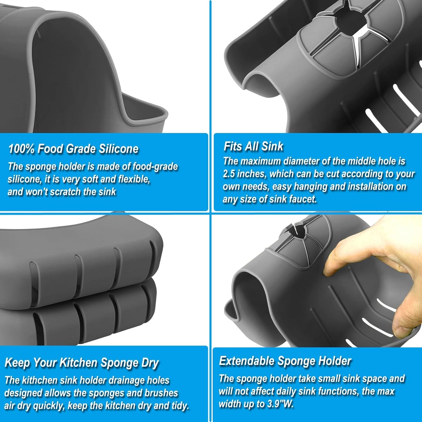 Sponge Holder for Kitchen Sink, Silicone Sink Saddle Caddy Organizer Rack, Sponges Holder Over Faucet, Hanging Kitchen Organizer Accessories Rack Basket Dark Gray