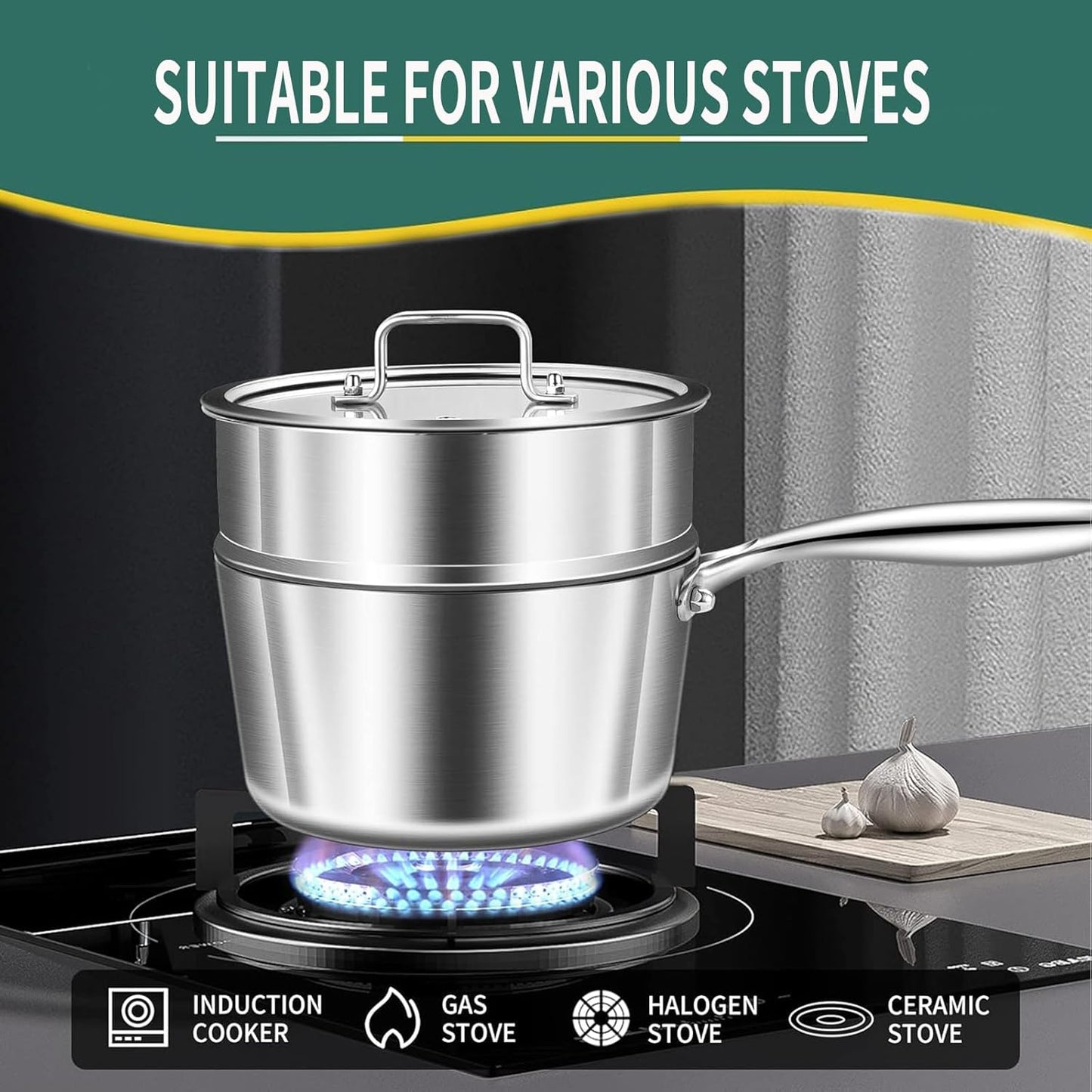 DELARLO Kitchen Tri-Ply Stainless 3-Quart Steamer Set With Glass Lid,with Ergonomic Handle, Multipurpose Sauce Pan, Sauce Pot，oven safe