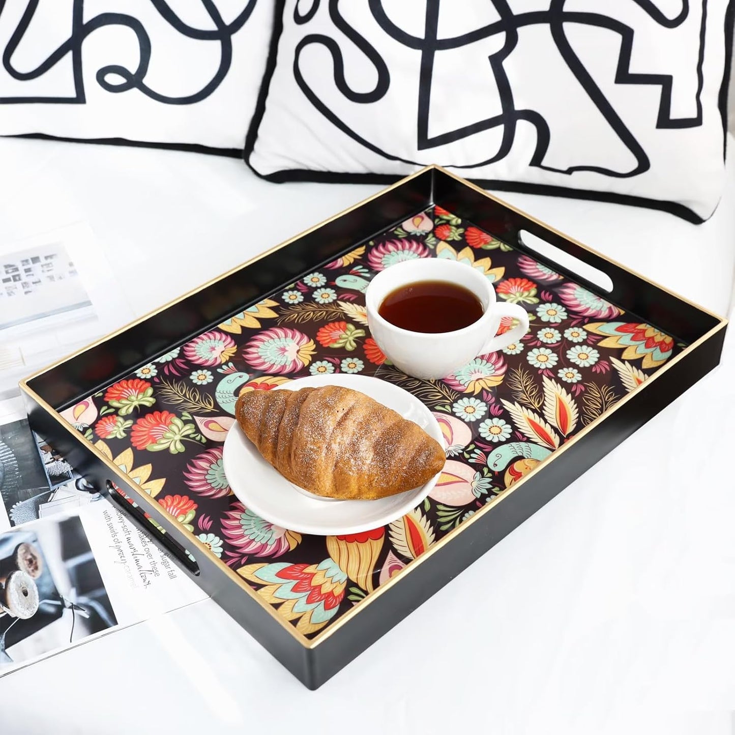 Spsyrine Decorative Serving Tray with Handles, Black Lacquered Coffee Table Tray for Ottoman, Rectangle Waterproof Platters for Centerpieces, Parties, Living Room, Kitchen Counter Organization Peacock