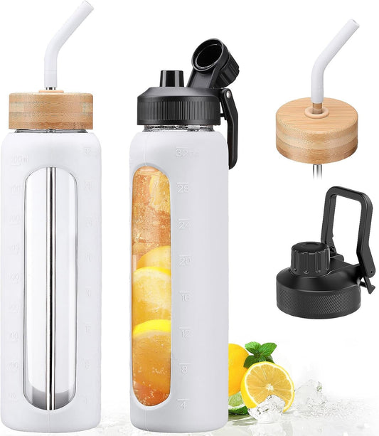 32oz Glass Water Bottle with Straw and 2 Lids- Bamboo Straw and Spout Lid with Phone Holder for Gym, Glass Drinking Bottles with Silicone Sleeve and Motivational Time Marker, White