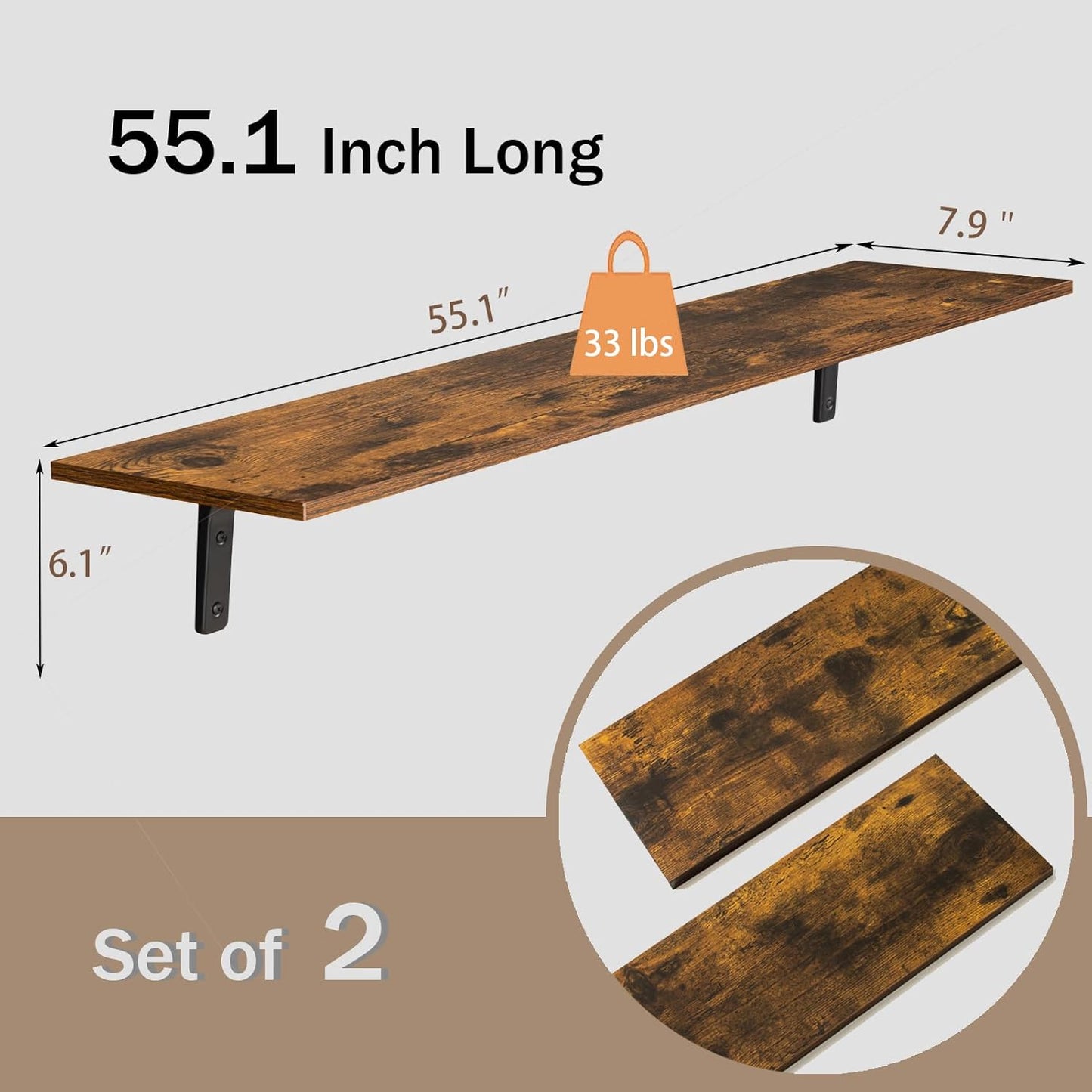 DINZI LVJ Long Wall Shelves, 55.1Inch Wall Mounted Shelves Set of 2, Extra Large Floating Storage Ledges with Sturdy Metal Brackets for Living Room, Bathroom, Bedroom, Kitchen, Rustic Brown