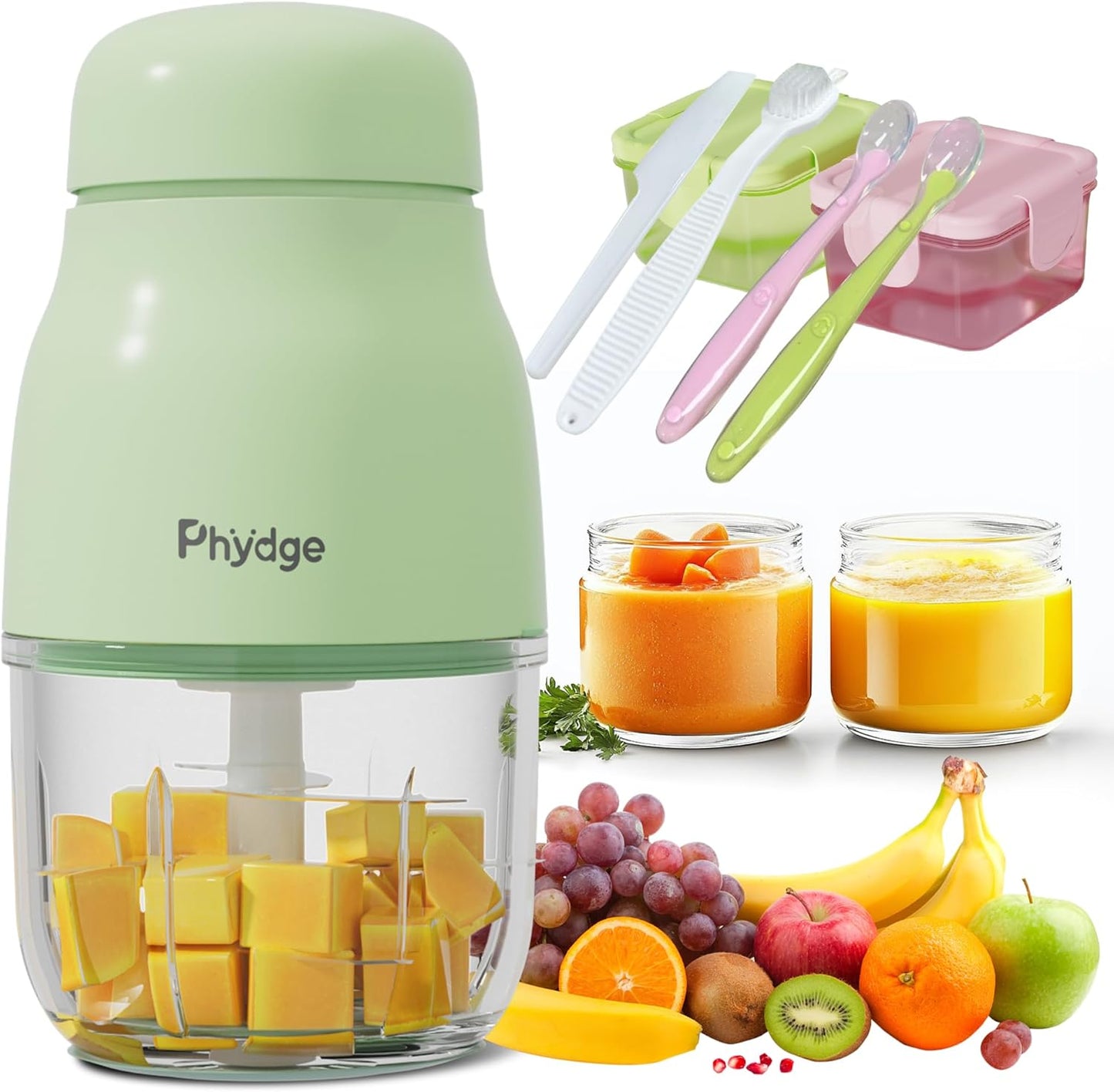 Baby Food Maker-Upgrade, Phydge Baby Food Blender with Baby Food Containers, Silicone Spoons, Easy to Clean, 10oz Baby Food Processor for Fruit, Vegetable, Meat