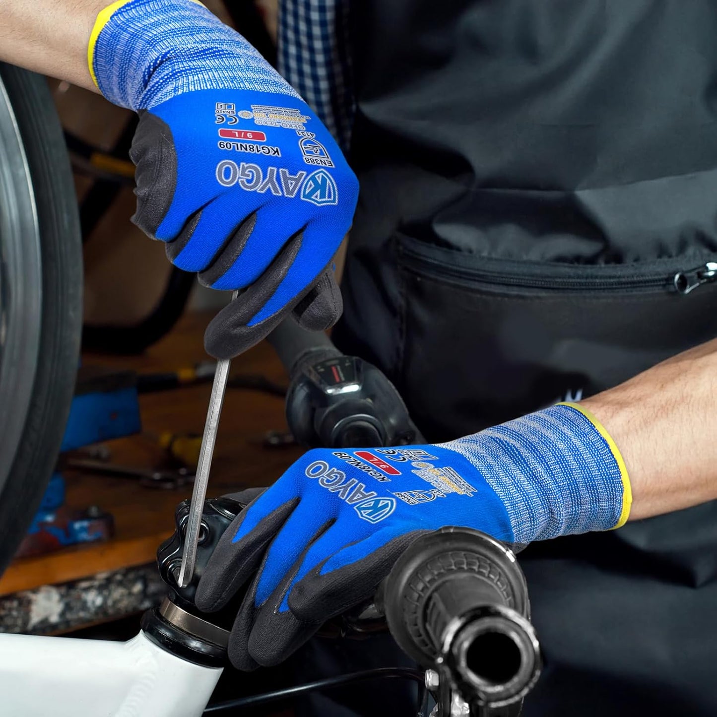 KAYGO Safety Work Gloves MicroFoam Nitrile Coated, 3 Pairs, KG18NB,Seamless Knit Nylon Glove with Black Micro-Foam Nitrile Grip,Ideal for General Purpose,Automotive,Home Improvement,Blue,S