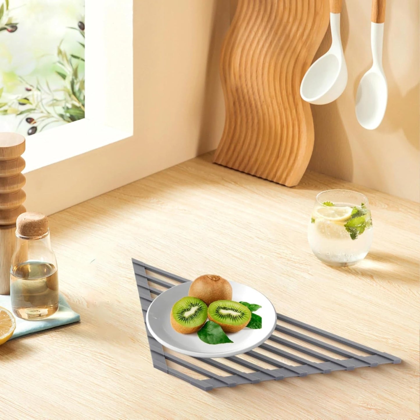 Dowell Over The Sink Roll-Up Triangle Dish Drying Rack Silicone Wrap, 9 Rods Dishwasher Safe, Food Safe, Heat Resistant, Foldable, Space-Saving, Multi-Purpose Sink Organizer for Any Surface