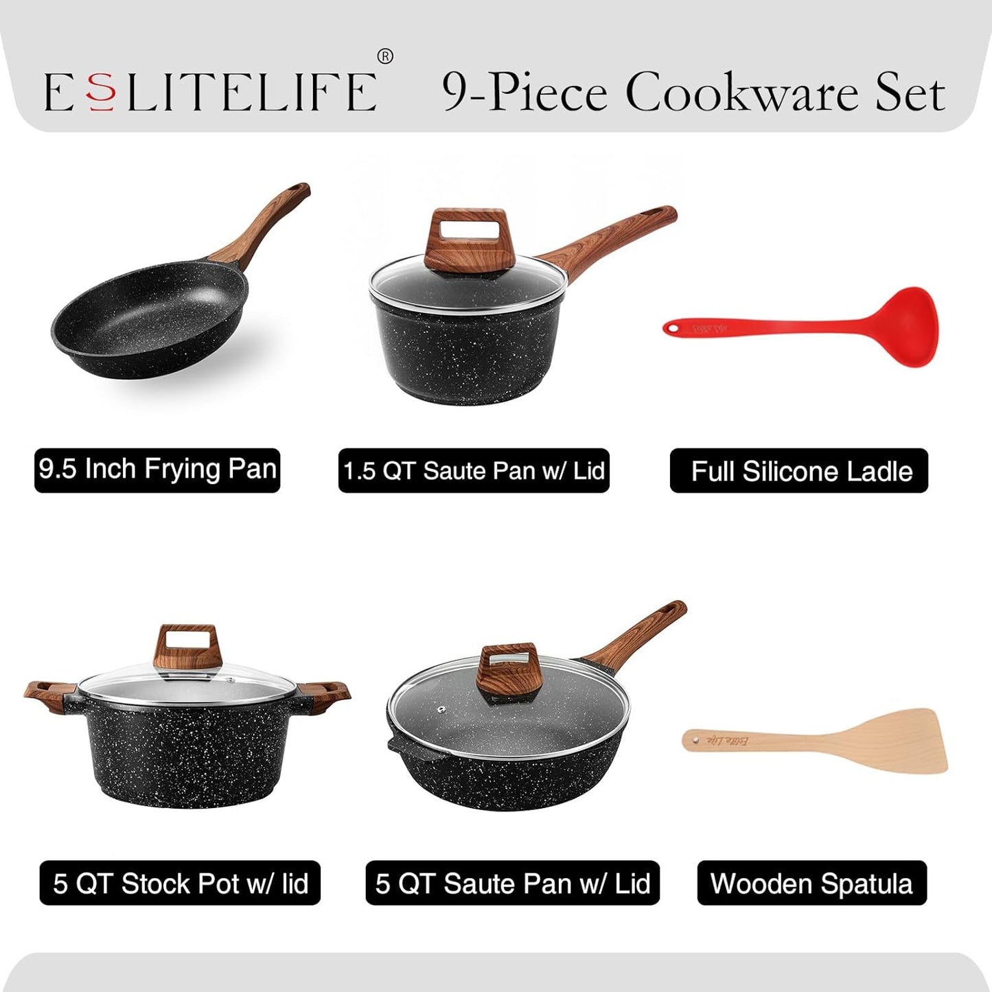 ESLITE LIFE Nonstick Cookware Sets, 9 Pcs Granite Coating Pots and Pans Set Kitchen Cooking Set, Compatible with All Stovetops (Gas, Electric & Induction), PFOA Free, Black