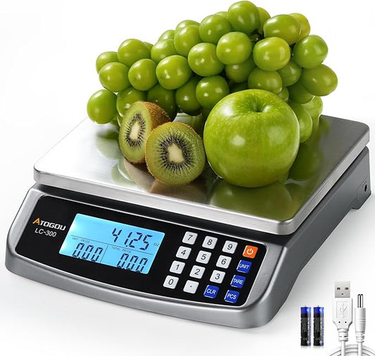 110lb Food Scale, Commercial Kitchen Scale with Price Computing, Plug-in Usable, 0.05oz/1g, 304 Stainless Steel, for Cooking, Vegetables, Farm, Industry, Counting. LC300 Grey