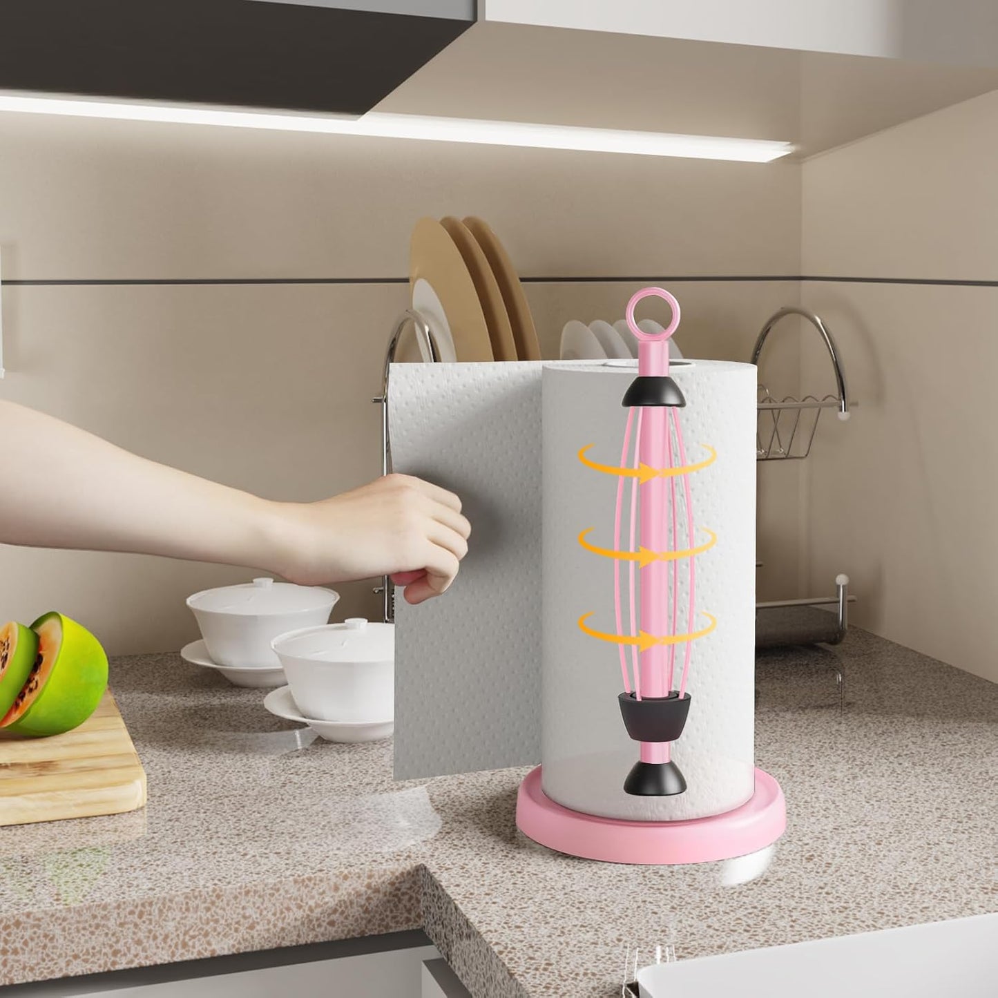 Pink Paper Towel Holder Countertop, Pink Kitchen Accessories Decor, One-Handed Tear, Stainless Steel, Weighted Base, Ring Paper Towel Holder Stand with Ratchet System for Kitchen Farmhouse Essentials