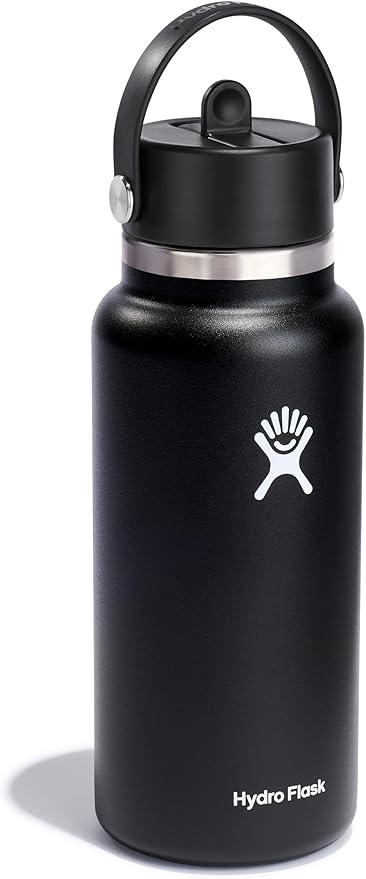 Hydro Flask Water Bottle - Insulated Stainless Steel - Wide Straw Lid, Non Spill, Leakproof in 32 Oz Black