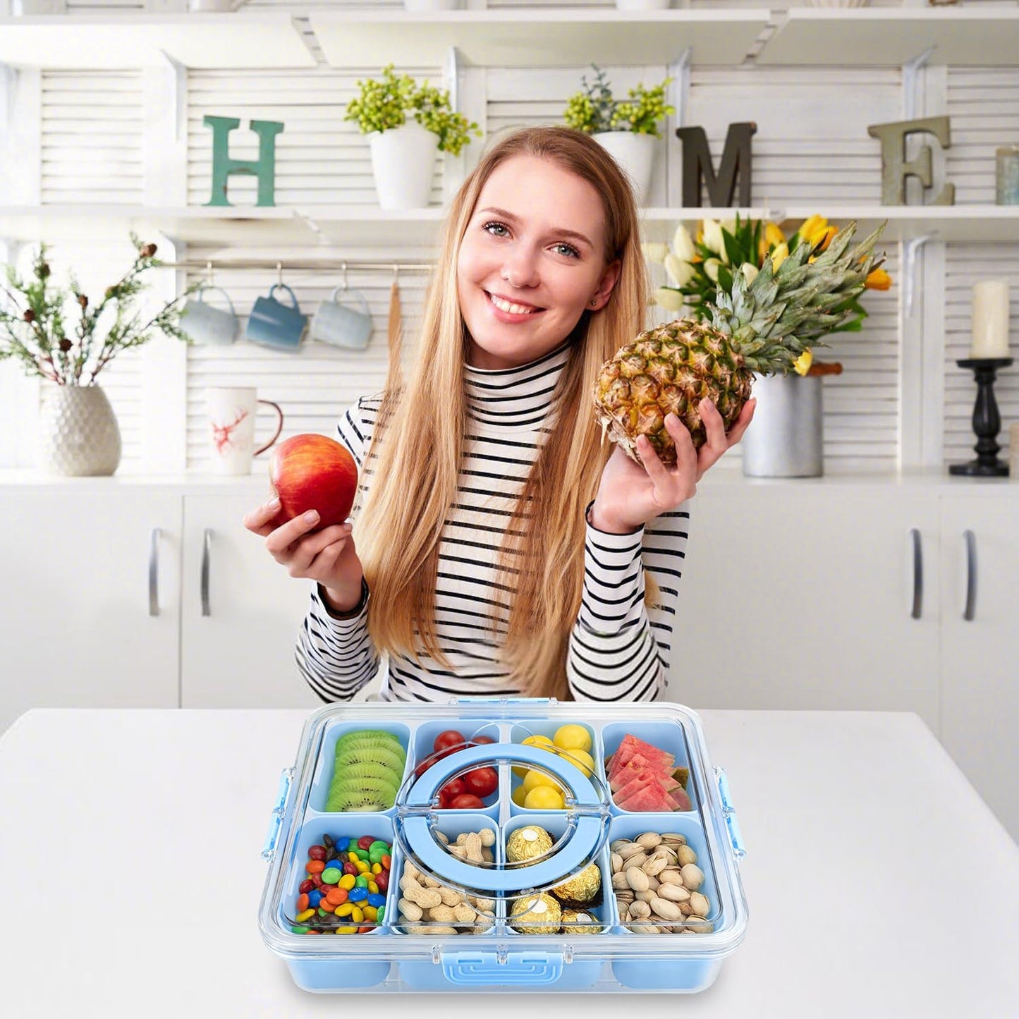 Divided Serving Tray with Lid and Handle,8 Compartments Snacks Box,Snack Fruit Veggie Tray,Portable Platter for Candy Fruits Nuts Snack Party Entertaining Picnic (2PCS Blue)